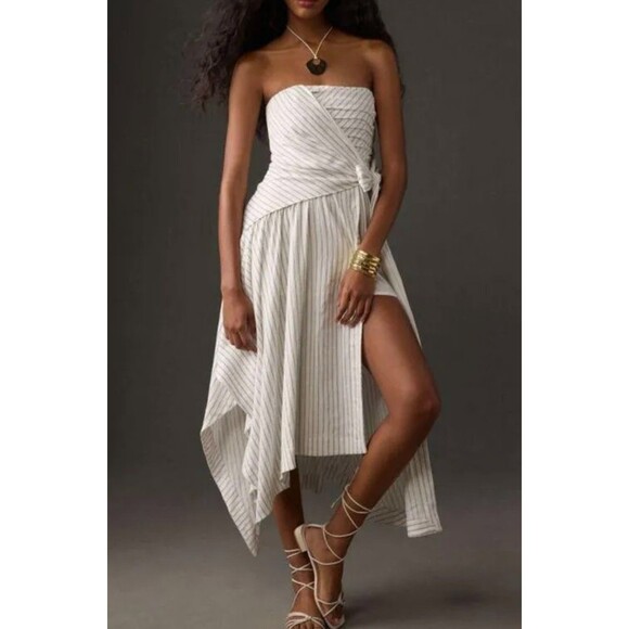 By Anthropologie Size M Strapless Hanky-Hem Midi Dress White Striped - Picture 1 of 16